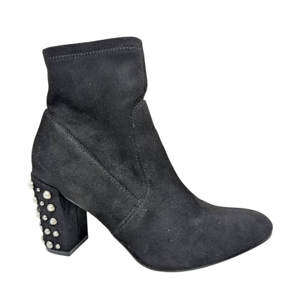 Steve Madden Yvette 7.5M Pearl Stud Block Heel Booties Sock Boots Black Suede